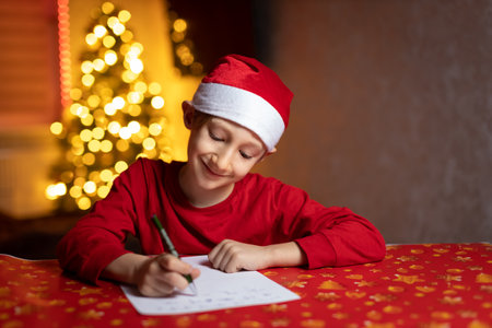 a child in a red jacket on the background of a Christmas tree and garlands writes a letter to Santa Clausの写真素材