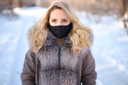 beautiful blonde in a jacket with a fur collarの写真素材