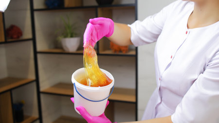 a close-up of the master of sugar hair removal holds a bucket of sugar paste in front of him, which is stuck in his hand and raised above this bucket, the paste flows from this handの写真素材