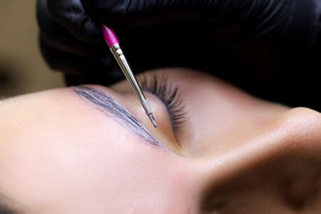 the procedure for long-term eyebrow styling is close-up, the master applies the composition for lamination of eyebrows with a brushの写真素材