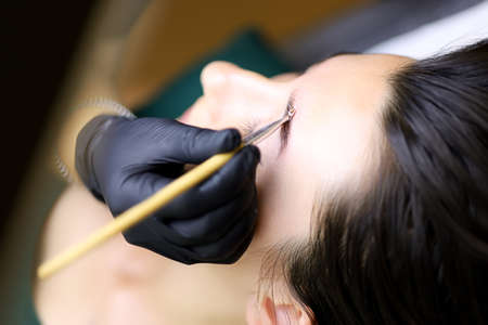 close-up of the master combs the eyebrows of the model with a brush after the procedure of long-term...