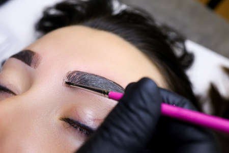 the master performs the procedure of coloring the eyebrows with paint on the model after performing...