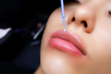 the tattooist applies anesthesia to the contour of the model's lips with a small brushの写真素材