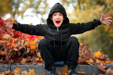 the boy, who is wearing a black hooded jacket, holds an autumn leaf in his hand.の写真素材