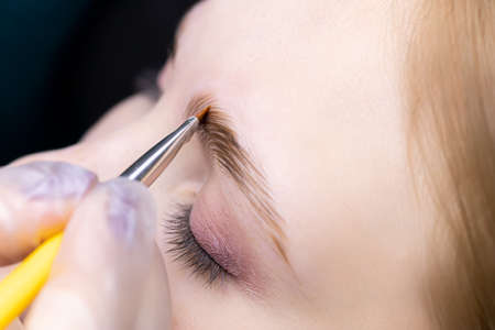 the master erases excess eyebrow styling with a cotton swab from the model's face