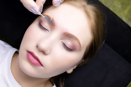 close-up of the eyebrows, on which the master evenly applies and distributes laminating compounds,...