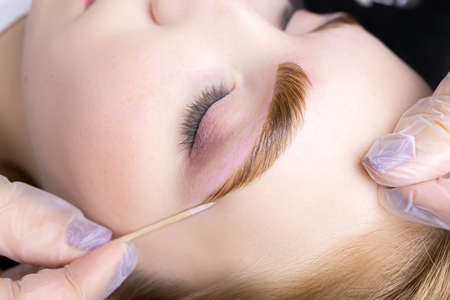 close-up of the eyebrows of the model on which the master applies a thick layer of paint for coloring the hairs of the eyebrows after lamination with compoundsの写真素材