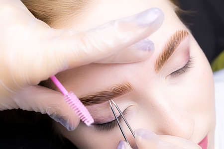 macro photography of the model's eyebrows painted and applied eyebrow paint on them, the master...