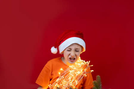 a boy in Christmas clothes is holding a Christmas tree, he grimaces and shows his teethの写真素材