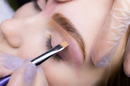 finished work after laminating the eyebrows, a master in white gloves applies a toning cream with makeup brushesの写真素材