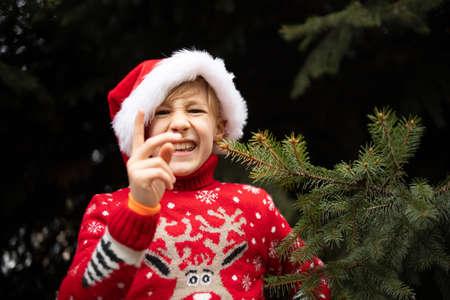 A boy in a red knitted Christmas sweater with a Christmas reindeer and a Santa Claus hat talks emotionally waving his finger against the background of a park with Christmas treesの写真素材