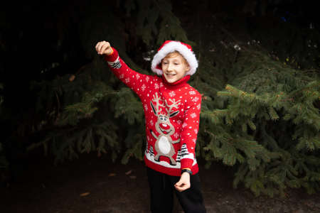 A boy in a red knitted Christmas sweater with a Christmas reindeer and a Santa Claus hat imitates holding something in his handsの写真素材