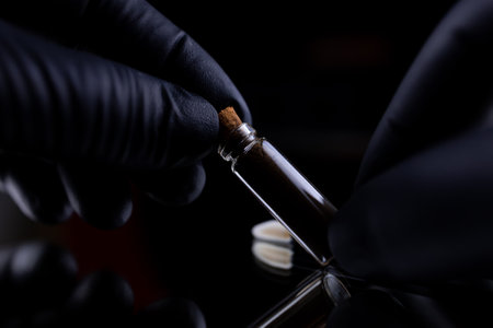 macro photography the master holds in his hands a bottle of henna for eyebrow coloringの写真素材