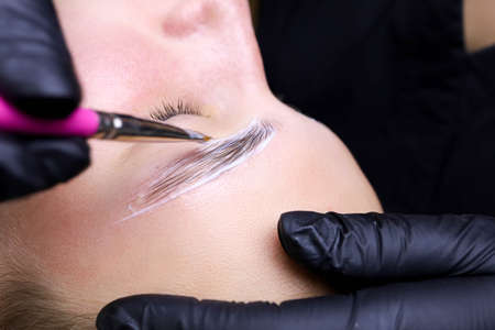 applying compositions for laminating eyebrows to the hairs with a pink brush