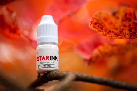 on a branch with autumn leaves is a bottle with a tattoo Tattoo pigments by starink September 30, 2021 pigment for lips and eyesのeditorial素材