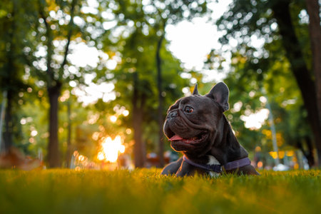 tired french bulldog licks and rests in the park on the lawn the evening sun shines on him from behindの写真素材