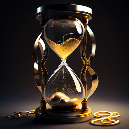 a golden hourglass in which the sands of time flow, generated by AI.の素材