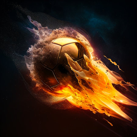 A soccer ball burning with fire flies at the speed of, generated by AI.の素材
