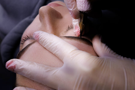 Close-up of the procedure of permanent makeup of the eyebrows, the master holds the eyebrows with...
