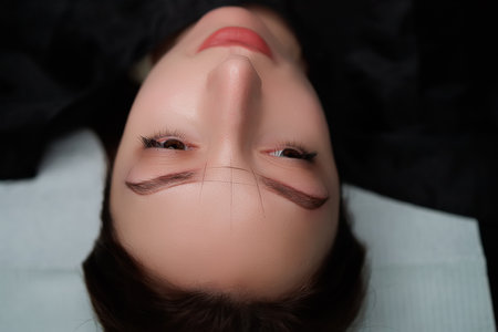 Beautiful girl with an eyebrow model with a sketch for permanent makeup. Eyebrow permanent makeup cosmetic procedure.の写真素材