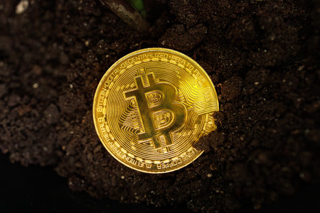 A gold-colored crypto coin lies on the surface of the ground Dnipro, Ukraine - August 23, 2023のeditorial素材