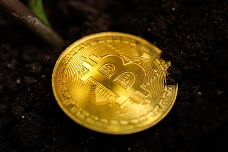 A gold-colored crypto coin lies on the surface of the ground Dnipro, Ukraine - August 23, 2023のeditorial素材