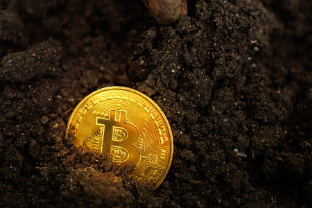 A golden Bitcoin crypto coin that shines golden in color is planted in the ground to germinate Dnipro, Ukraine - August 23, 2023のeditorial素材