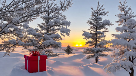 The Christmas trees in the snowy forest are decorated with toys and gifts. Frost in the woods on Christmas Eve, generated AI.の素材