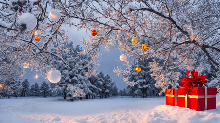 Boxes of red colored presents are found in a snowy forest on Christmas Eve. Frost in the woods on Christmas Eve, generated AI.の素材