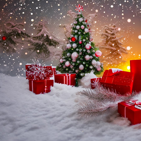 The magical atmosphere of New Year's holidays with a Christmas tree and presents. Frost in the woods on Christmas Eve, generated AI.の素材