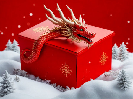 Christmas dragon with gift box, a red dragon in a red box for Christmas., generated AI.の素材