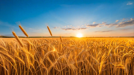 The sunrise behind a field of wheat spikelets Spikes of wheat against the blue sky at sunset, generated AI.の素材