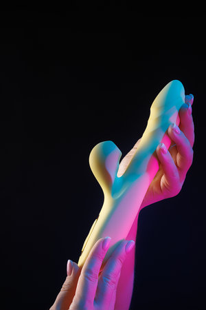 The adult toy is in women's hands. Sex toy clitoral vibrator on a black background with neon lights.の写真素材