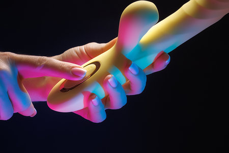 The woman's hands hold the vibrator and turn on the button on it to make it work Sex toy clitoral vibrator on a black background with neon lights.の写真素材