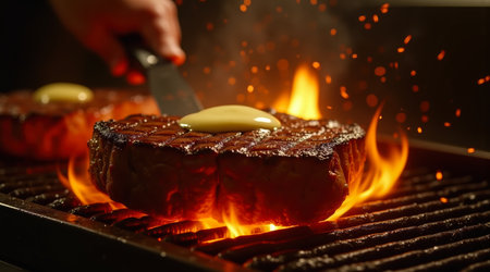 Realistic steak photo with fire smoke and kitchen heat perfect for food brandingの素材