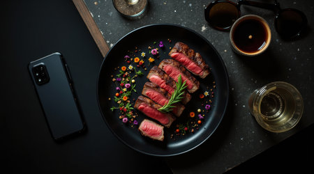 Trendy flat lay of sliced steak and lifestyle props for social media food contentの素材