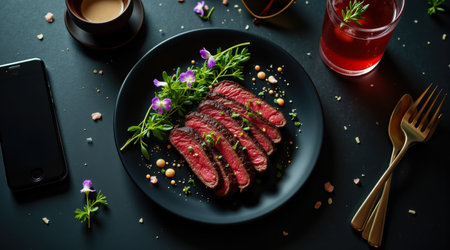 Styled flat lay with sauce dots flowers and Instagram moodの素材