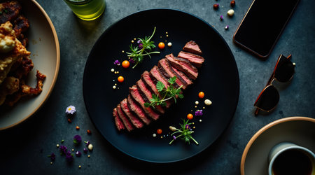 Modern flat lay with urban table and Instagram ready accessories and colorsの素材