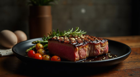 Seared ribeye steak with crispy crust and juicy center styled on raw wood table in industrial settingの素材