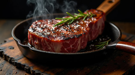 Rich steak textures with charred fat grilled surface and smoke in dramatic lightの素材