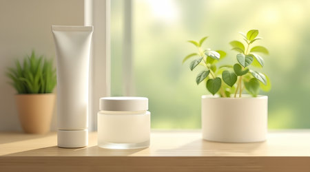 Glass jar and white tube styled with plant and wood for fresh lookの素材