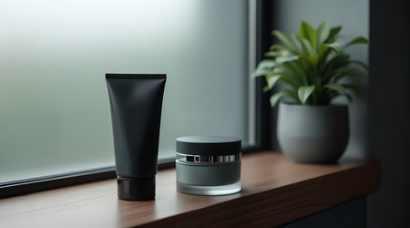 Photorealistic rendering of unbranded men's skincare. A matte black tube and frosted glass cream jar on a polished dark oak shelf. Perfect for advertising.の素材
