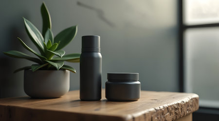 A bold, clean, and highly versatile composition for men's grooming campaigns. Unbranded skincare products on a dark wood shelf with soft light.の素材