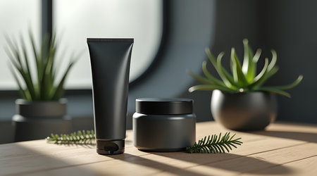 A photorealistic image for premium personal care brands. Features a matte black tube and frosted jar on a dark oak shelf with a soft, natural background.の素材