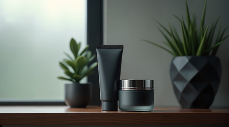 A bold, clean, and versatile shot for men's grooming campaigns. Features a matte black tube and frosted jar with sleek silver accents on a polished wooden shelf.の素材