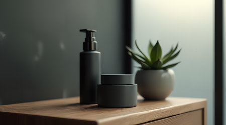 Soft, diffused light filters through a frosted window, casting gentle shadows on unbranded men's grooming products on a polished dark wood shelf.の素材