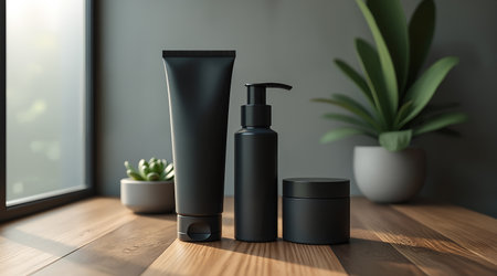 Unbranded men's skincare products are arranged with deliberate symmetry. A matte black tube and frosted glass jar on a dark oak wooden shelf.の素材