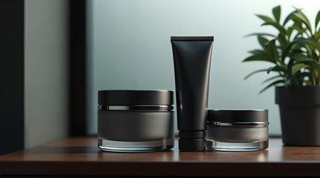 A desaturated, moody product shot of men's skincare. A matte black tube and frosted jar with silver accents are highlighted by soft, diffused light.の素材