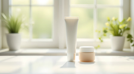Bright and crisp natural daylight highlights in this eco-conscious skincare showcase. Unbranded white tube and glass jar are arranged on a reclaimed wooden surface.の素材