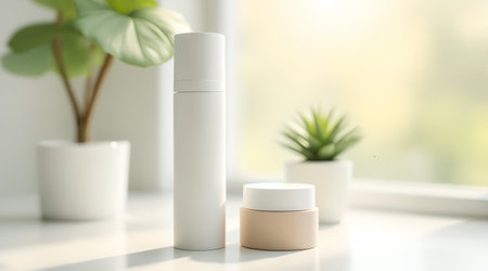 This showcase of eco-friendly skincare features a white tube and a glass jar. A vibrant potted herb is subtly positioned in the background.の素材